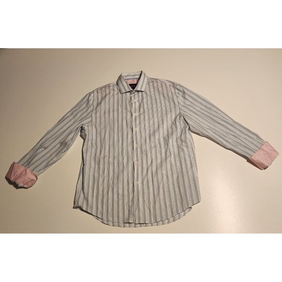 Egara Shirt Blue Striped Pink Flip Cuffs Modern Fit Stretch Mens Large - Picture 5 of 13
